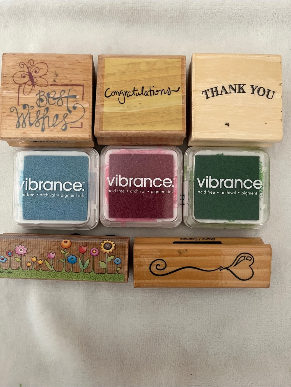 Vibrance Ink Pads and Wood Stamp Set - Blue, Pink, Green